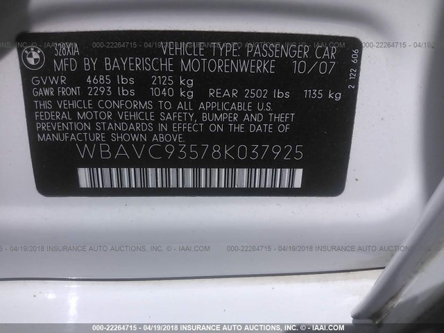 WBAVC93578K037925 - 2008 BMW 328 XI WHITE photo 9