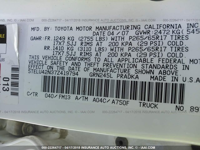 5TELU42N37Z419794 - 2007 TOYOTA TACOMA DOUBLE CAB თეთრი ფოტო 9