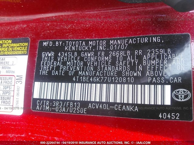 4T1BE46K77U120810 - 2007 TOYOTA CAMRY NEW GENERAT CE/LE/XLE/SE RED photo 9