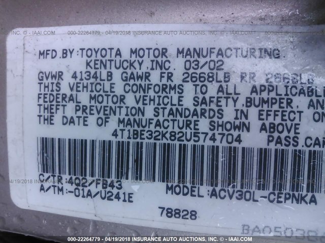 4T1BE32K82U574704 - 2002 TOYOTA CAMRY LE/XLE/SE TAN photo 9