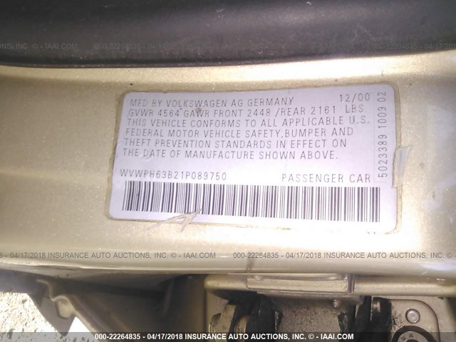 WVWPH63B21P089750 - 2001 VOLKSWAGEN PASSAT GLS GOLD photo 9