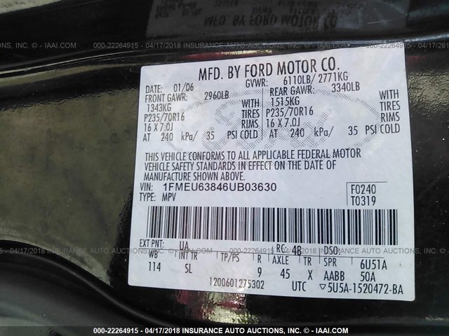 1FMEU63846UB03630 - 2006 FORD EXPLORER XLT BLACK photo 9