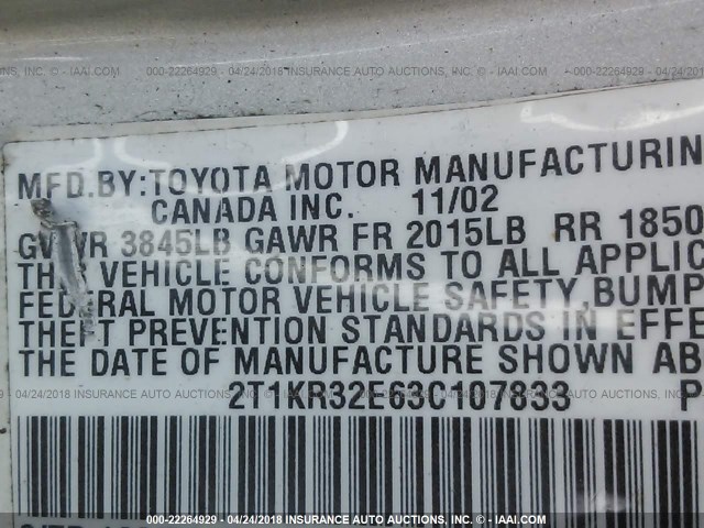 2T1KR32E63C107833 - 2003 TOYOTA COROLLA MATRIX XR SILVER photo 9