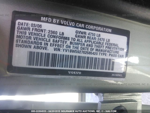 YV1SW592762585420 - 2006 VOLVO V70 2.5T GREEN photo 9