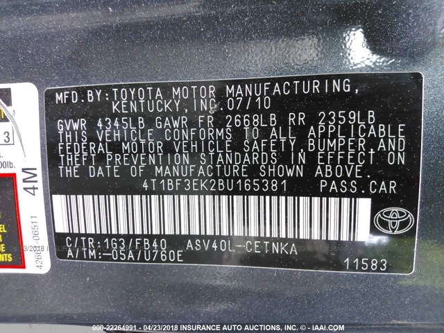 4T1BF3EK2BU165381 - 2011 TOYOTA CAMRY SE/LE/XLE 灰色 照片 9