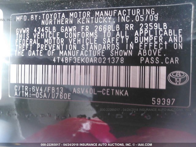 4T4BF3EK0AR021378 - 2010 TOYOTA CAMRY SE/LE/XLE GREEN photo 9