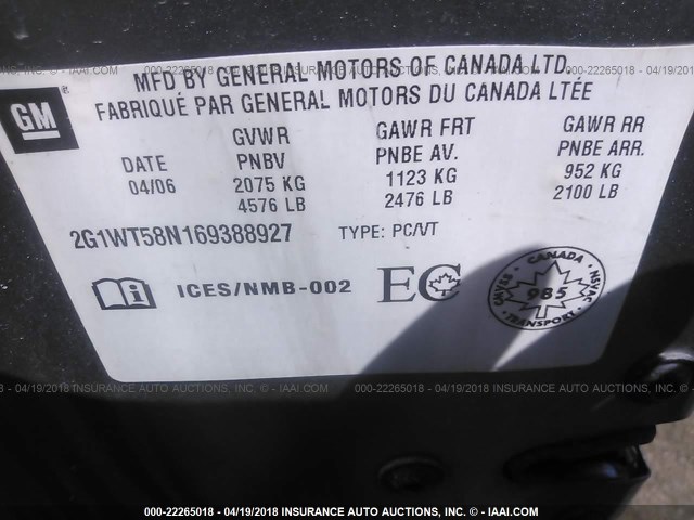 2G1WT58N169388927 - 2006 CHEVROLET IMPALA LT GRAY photo 9