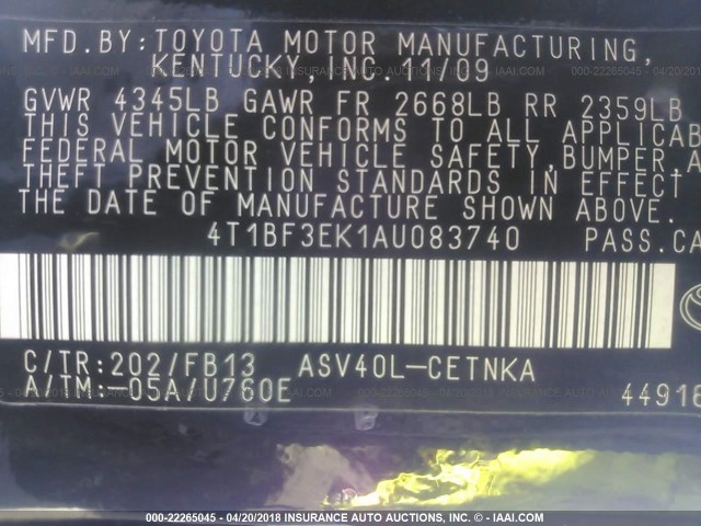 4T1BF3EK1AU083740 - 2010 TOYOTA CAMRY SE/LE/XLE 黑色 照片 9