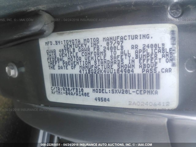 4T1BG22K4VU184904 - 1997 TOYOTA CAMRY CE/LE/XLE 灰色 照片 9