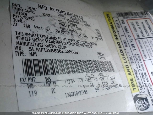 5LMFU28588LJ08038 - 2008 LINCOLN NAVIGATOR 白色 照片 9