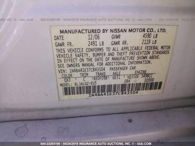 1N4BA41E37C843504 - 2007 NISSAN MAXIMA SE/SL WHITE photo 9