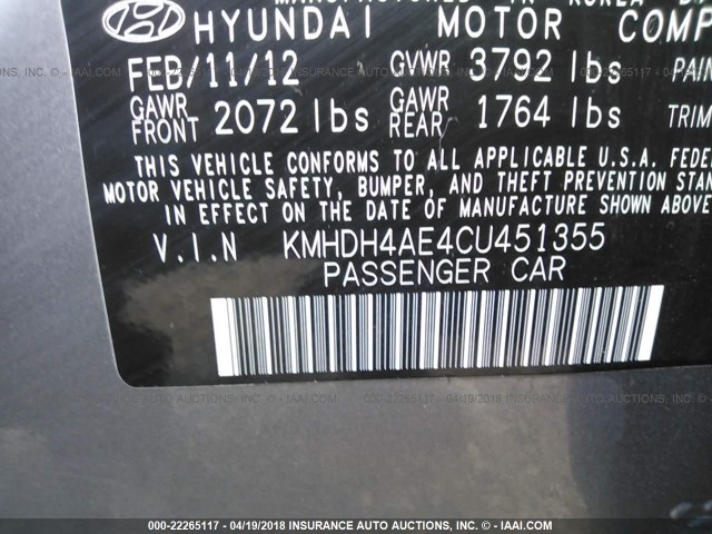 KMHDH4AE4CU451355 - 2012 HYUNDAI ELANTRA GLS/LIMITED GRAY photo 9