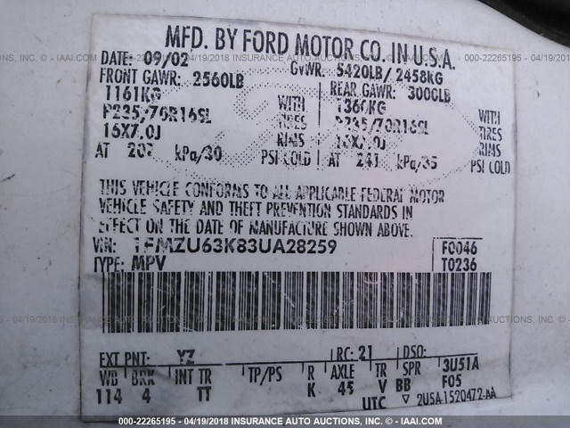 1FMZU63K83UA28259 - 2003 FORD EXPLORER XLT/XLT SPORT/NBX 白色 照片 9