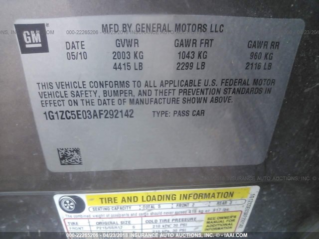 1G1ZC5E03AF292142 - 2010 CHEVROLET MALIBU 1LT Champagne photo 9