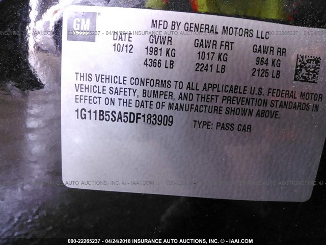 1G11B5SA5DF183909 - 2013 CHEVROLET MALIBU LS 黑色 照片 9