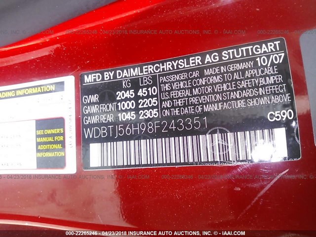 WDBTJ56H98F243351 - 2008 MERCEDES-BENZ CLK 350 RED photo 9