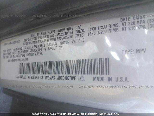 4S4BP61C057305590 - 2005 SUBARU LEGACY OUTBACK 2.5I SILVER photo 9