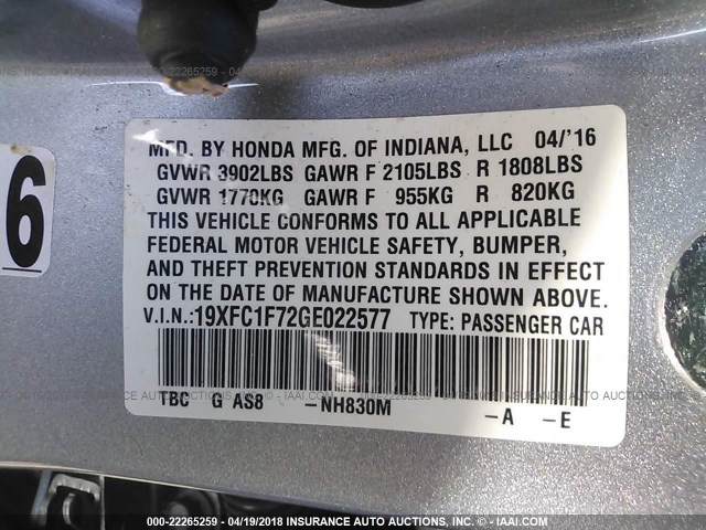 19XFC1F72GE022577 - 2016 HONDA CIVIC EXL SILVER photo 9