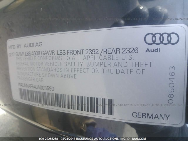 WAUNNAF54JA003590 - 2018 AUDI A5 PREMIUM GRAY photo 9