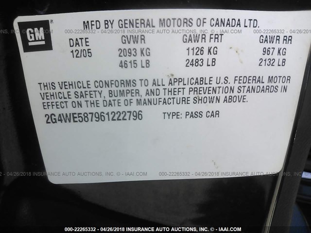 2G4WE587961222796 - 2006 BUICK LACROSSE CXS BLACK photo 9