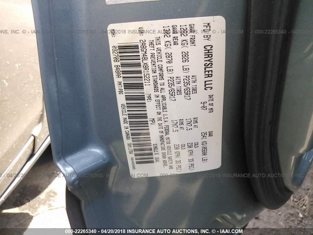 2A8GM48LX8R152211 - 2008 CHRYSLER PACIFICA LX BLUE photo 9