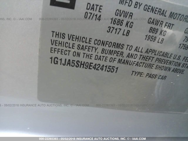 1G1JA5SH9E4241551 - 2014 CHEVROLET SONIC LS SILVER photo 9