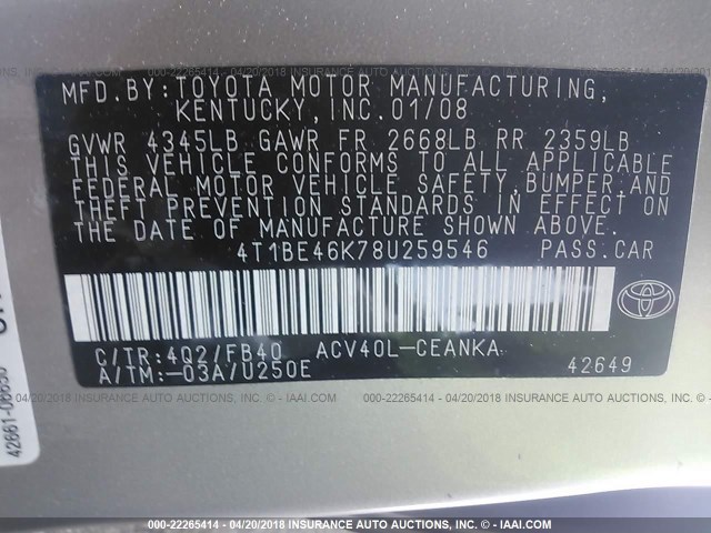 4T1BE46K78U259546 - 2008 TOYOTA CAMRY CE/LE/XLE/SE GOLD photo 9