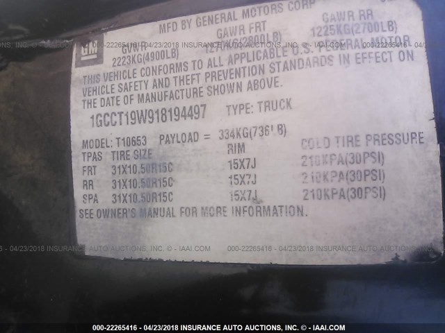 1GCCT19W918194497 - 2001 CHEVROLET S TRUCK S10 BLACK photo 9