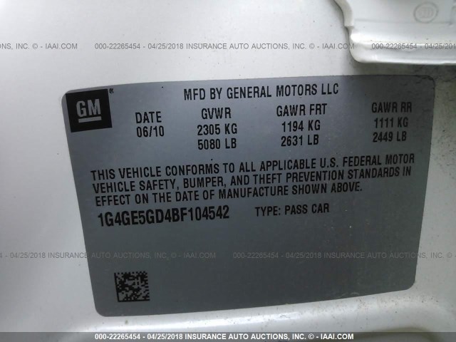 1G4GE5GD4BF104542 - 2011 BUICK LACROSSE CXS CREAM photo 9