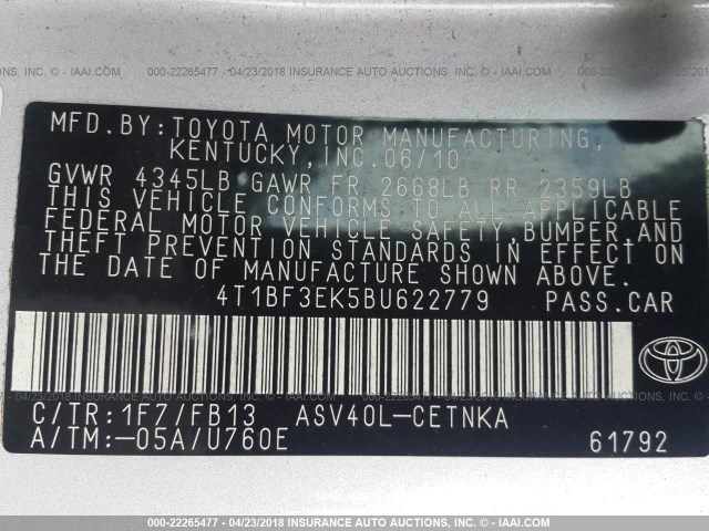 4T1BF3EK5BU622779 - 2011 TOYOTA CAMRY SE/LE/XLE SILVER photo 9