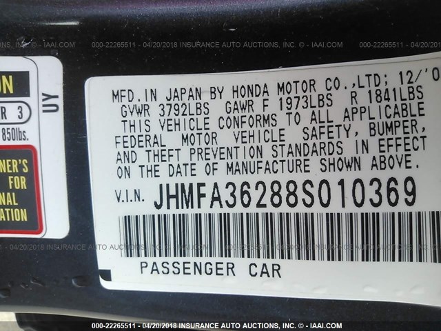 JHMFA36288S010369 - 2008 HONDA CIVIC HYBRID BLUE photo 9