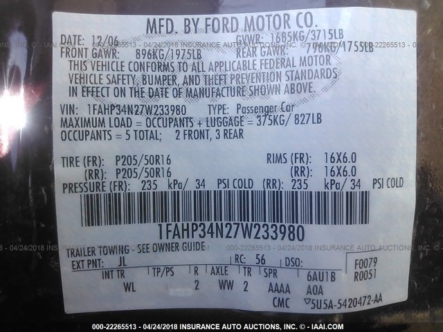 1FAHP34N27W233980 - 2007 FORD FOCUS ZX4/S/SE/SES 栗色 照片 9