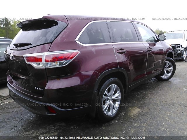 5TDBKRFH7FS132277 - 2015 TOYOTA HIGHLANDER LE/LE PLUS MAROON photo 4