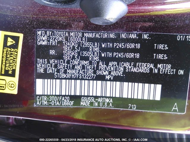 5TDBKRFH7FS132277 - 2015 TOYOTA HIGHLANDER LE/LE PLUS MAROON photo 9