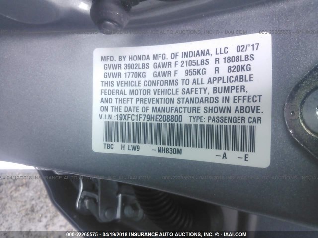 19XFC1F79HE208800 - 2017 HONDA CIVIC EXL GRAY photo 9