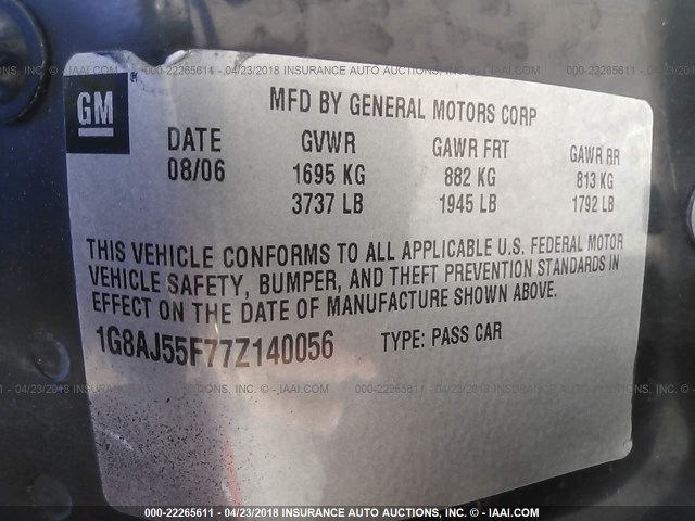 1G8AJ55F77Z140056 - 2007 SATURN ION LEVEL 2 BLACK photo 9