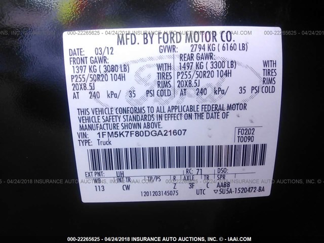 1FM5K7F80DGA21607 - 2013 FORD EXPLORER LIMITED 黑色 照片 9