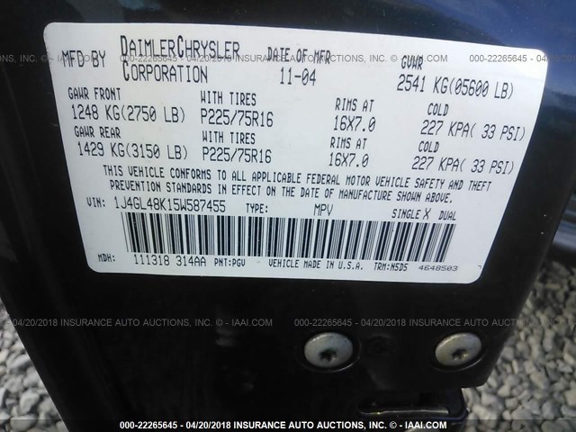 1J4GL48K15W587455 - 2005 JEEP LIBERTY SPORT 绿色 照片 9