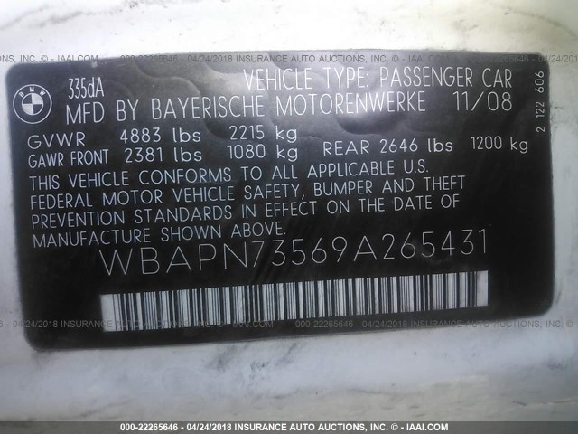 WBAPN73569A265431 - 2009 BMW 335 D WHITE photo 9