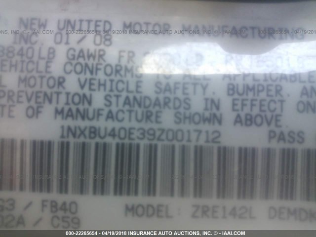 1NXBU40E39Z001712 - 2009 TOYOTA COROLLA S/LE/XLE GRAY photo 9