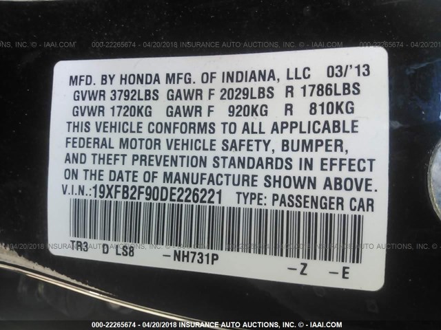19XFB2F90DE226221 - 2013 HONDA CIVIC EXL BLACK photo 9