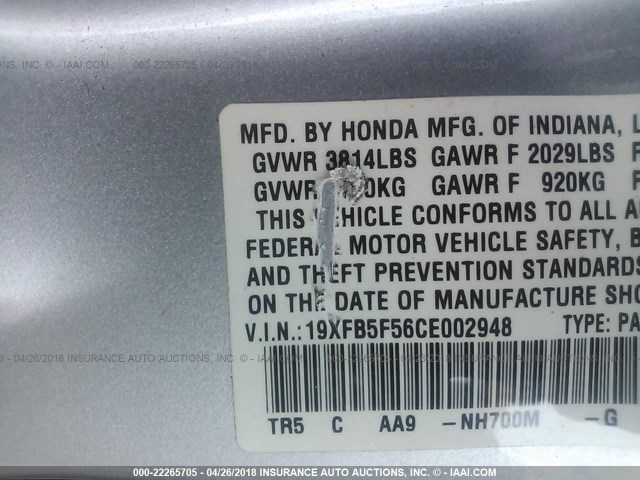 19XFB5F56CE002948 - 2012 HONDA CIVIC NATURAL GAS SILVER photo 9