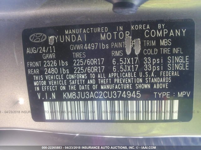 KM8JU3AC2CU374945 - 2012 HYUNDAI TUCSON GLS/LIMITED ოქროსფერი ფოტო 9