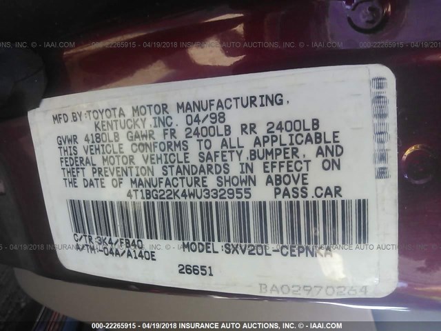 4T1BG22K4WU332955 - 1998 TOYOTA CAMRY CE/LE/XLE 红色 照片 9