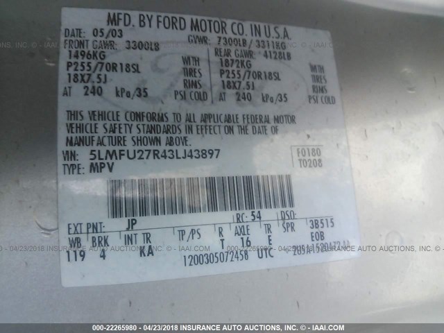 5LMFU27R43LJ43897 - 2003 LINCOLN NAVIGATOR 银色 照片 9