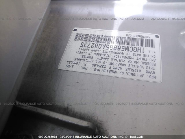 1HGCM56865A082735 - 2005 HONDA ACCORD EX SILVER photo 9