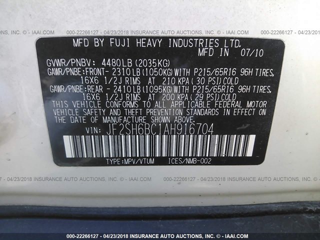 JF2SH6BC1AH916704 - 2010 SUBARU FORESTER XS Biały zdjęcie 9