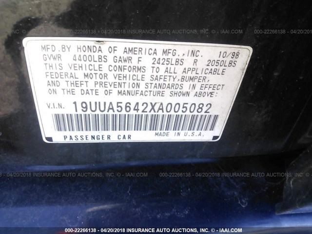 19UUA5642XA005082 - 1999 ACURA 3.2TL BLACK photo 9