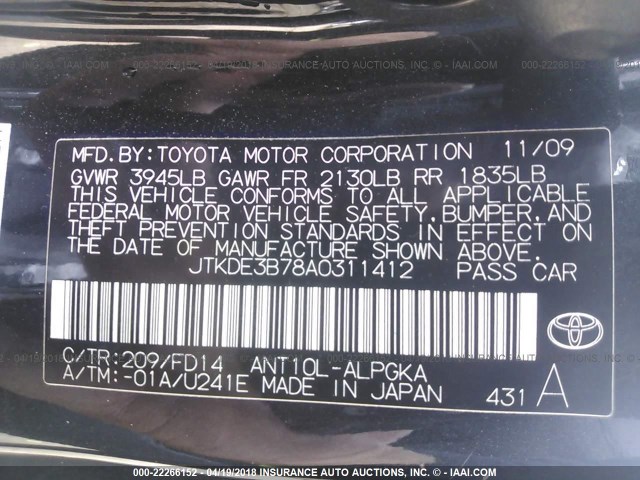 JTKDE3B78A0311412 - 2010 TOYOTA SCION TC შავი ფოტო 9