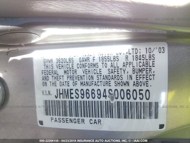 JHMES96694S006050 - 2004 HONDA CIVIC HYBRID SILVER photo 9